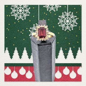 Vintage 14k Emerald Cut Natural Garnet Diamond Halo Ring